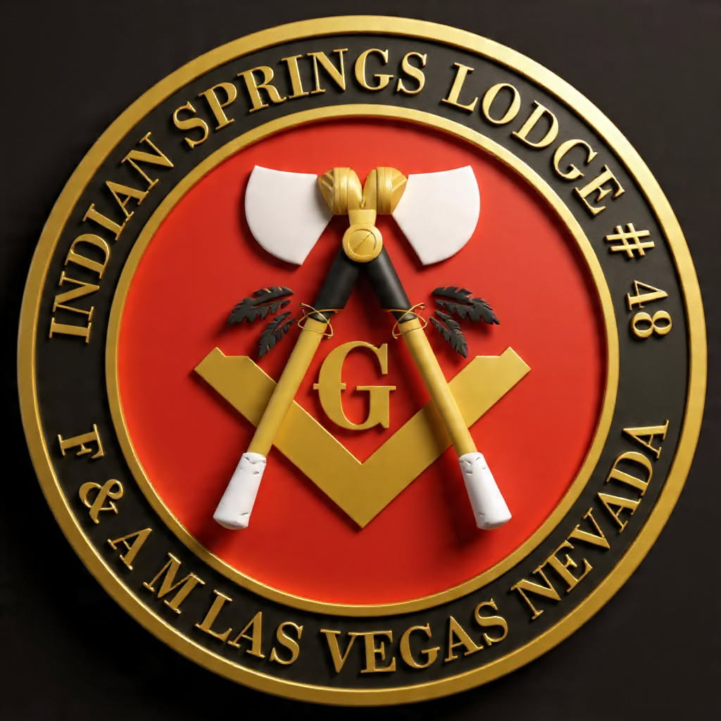 Indian Springs Lodge No. 48 F&AM Las Vegas Nevada seal: a gold square and compasses with the letter G on a red field, the compass legs shaped as two hatchets with black feathers